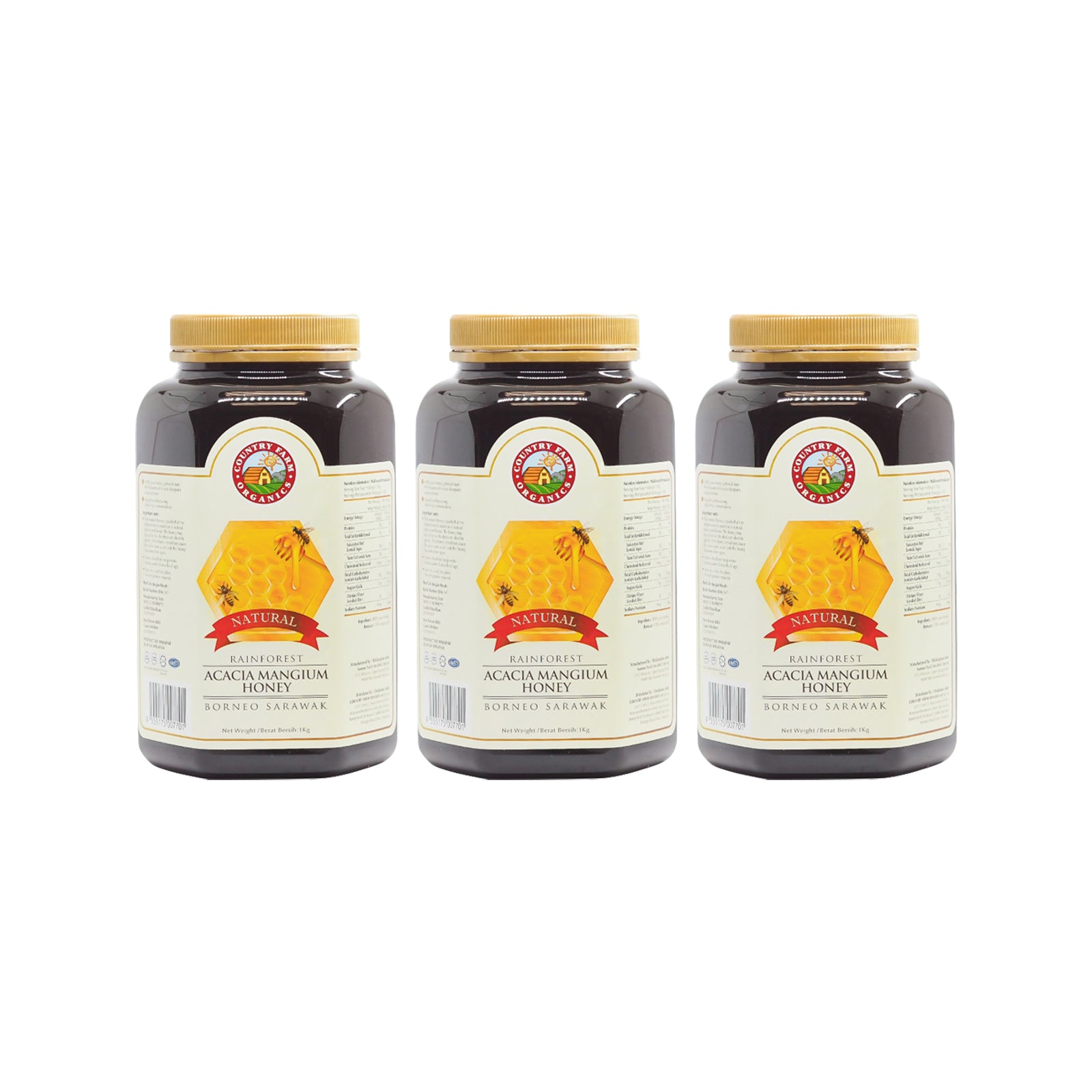 Country Farm Organic Natural Rainforest Acacia Mangium Honey 1kg x 3